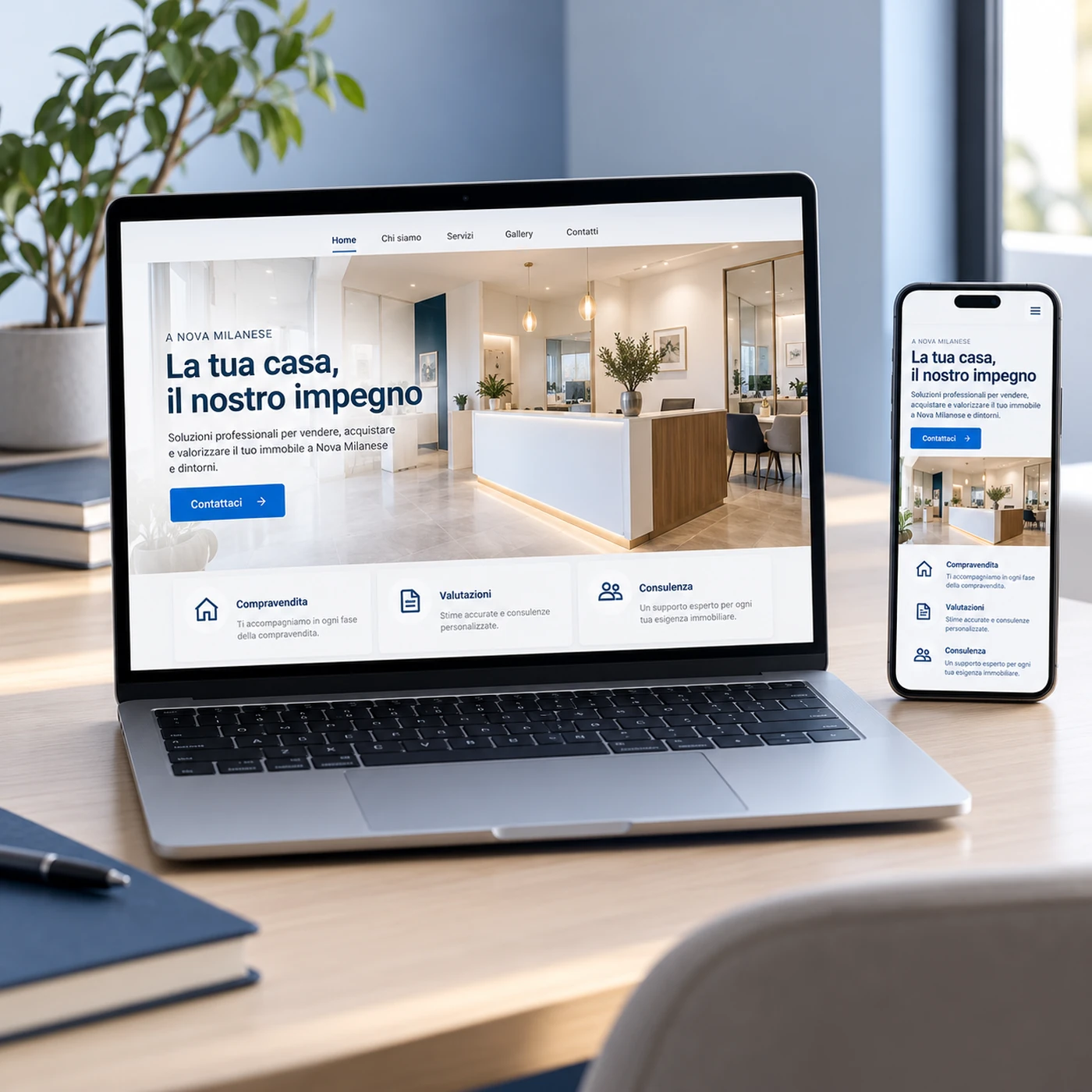Realizzazione sito web Nova Milanese: mockup di un sito professionale visualizzato su laptop e smartphone.