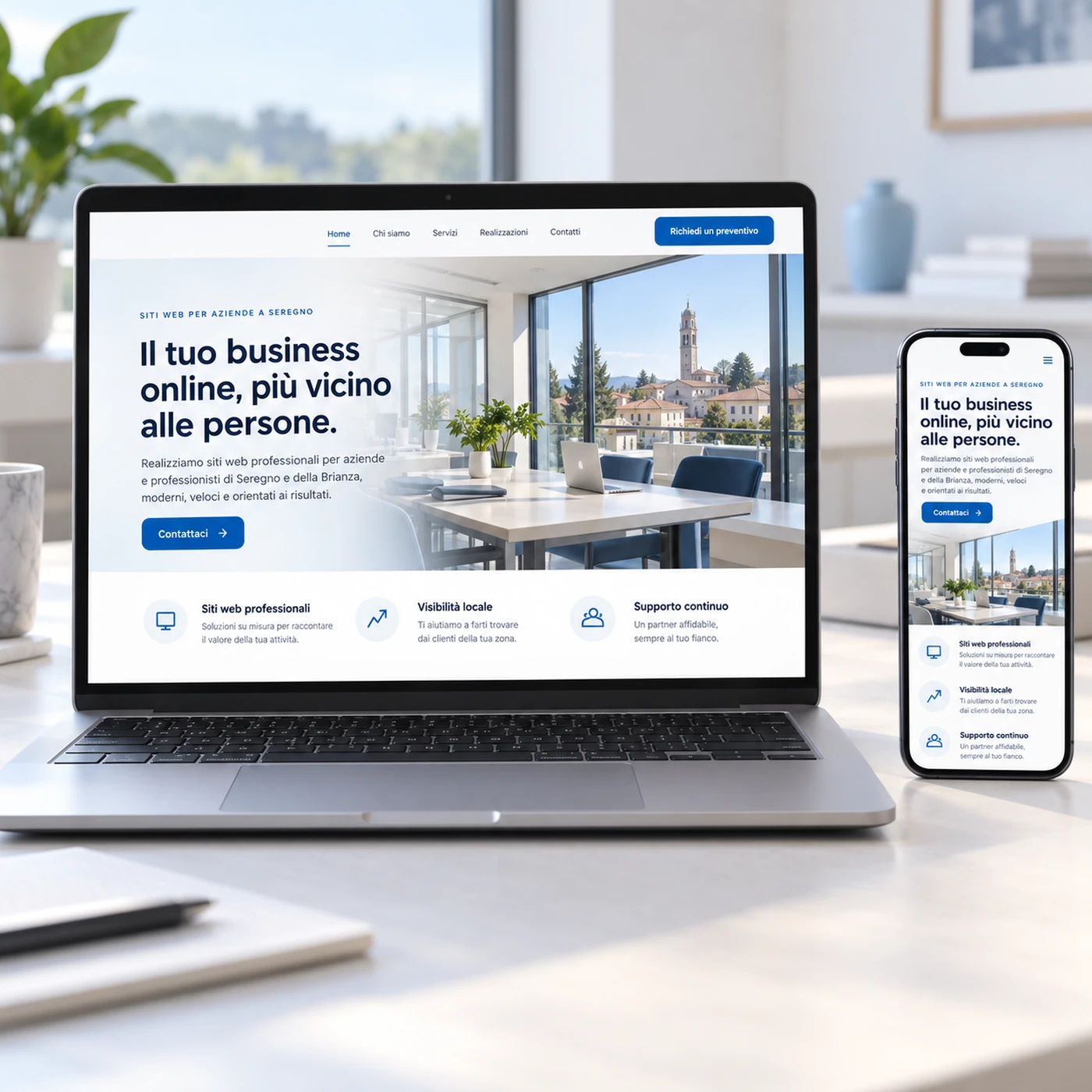 Realizzazione sito web Seregno: mockup di un sito professionale visualizzato su laptop e smartphone.