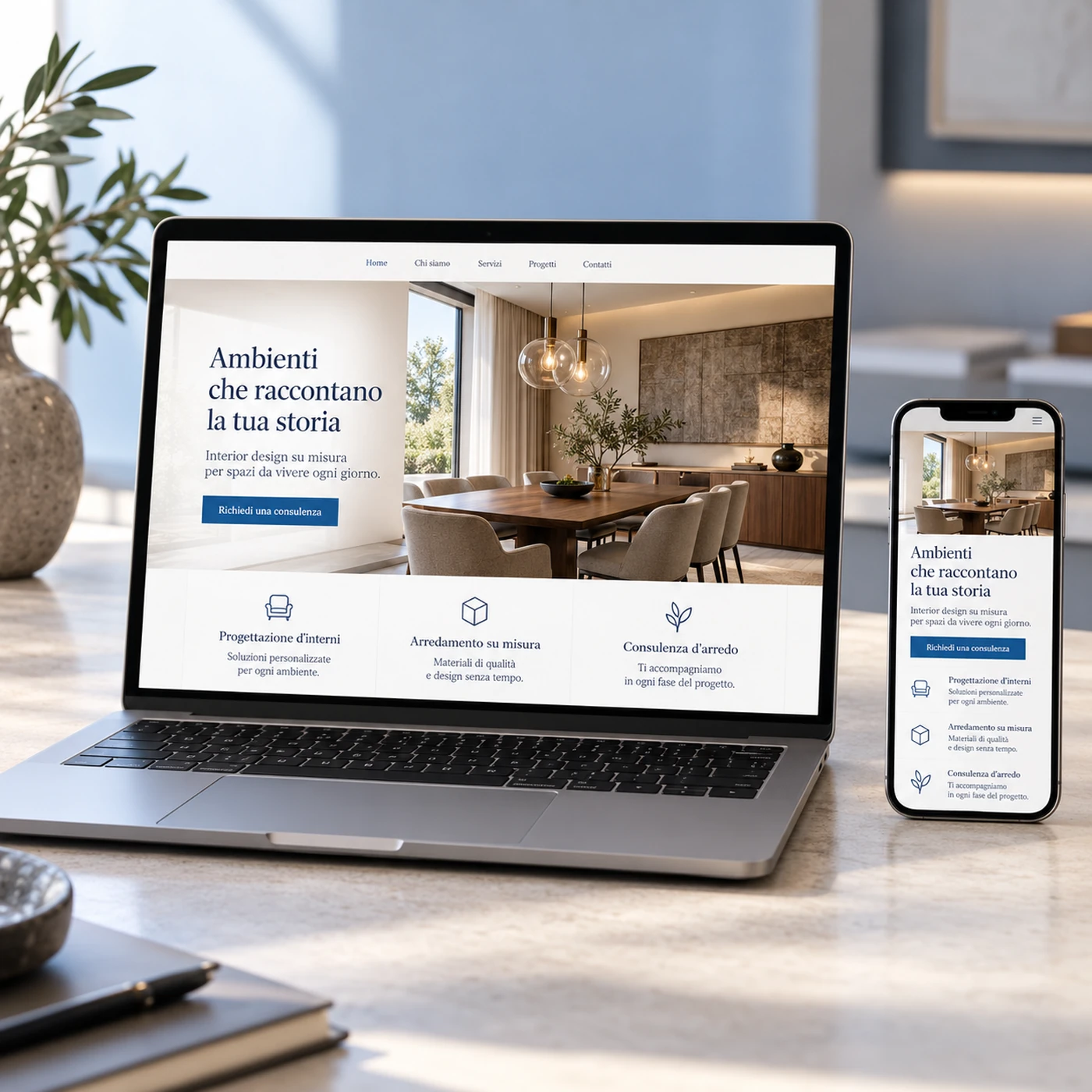 Realizzazione sito web Seveso: mockup di un sito professionale visualizzato su laptop e smartphone.