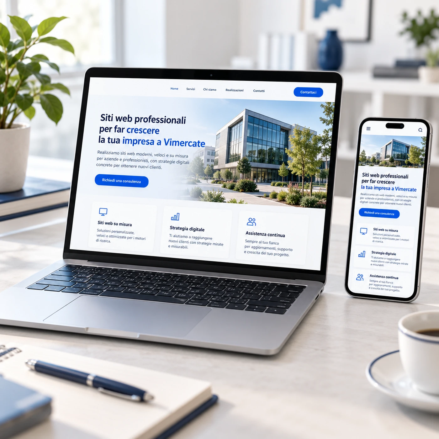 Realizzazione sito web Vimercate: mockup di un sito professionale visualizzato su laptop e smartphone.